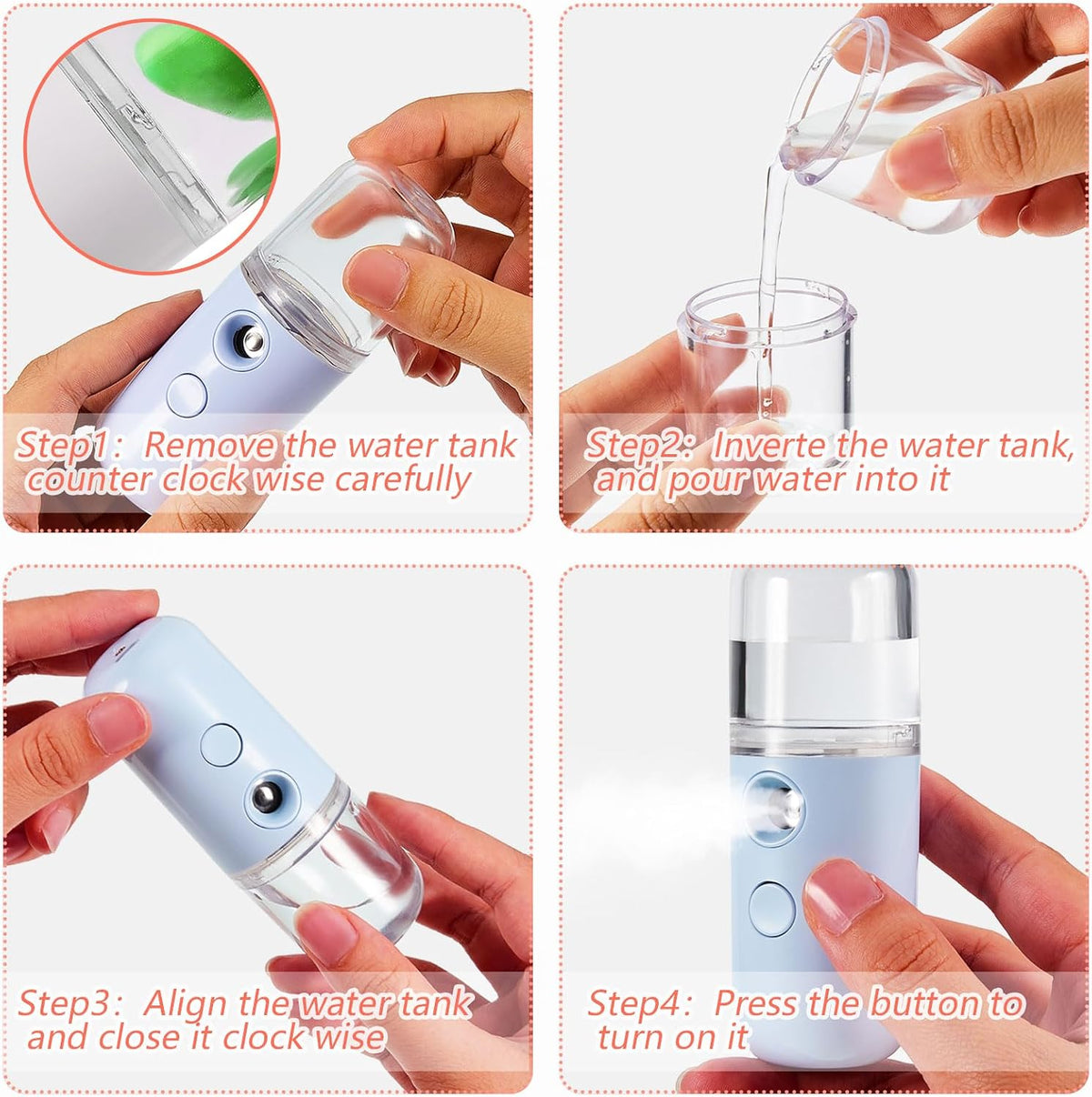 4 Pcs Mini Facial Nano Mist Sprayer, Black, Blue, Light Pink, Pink