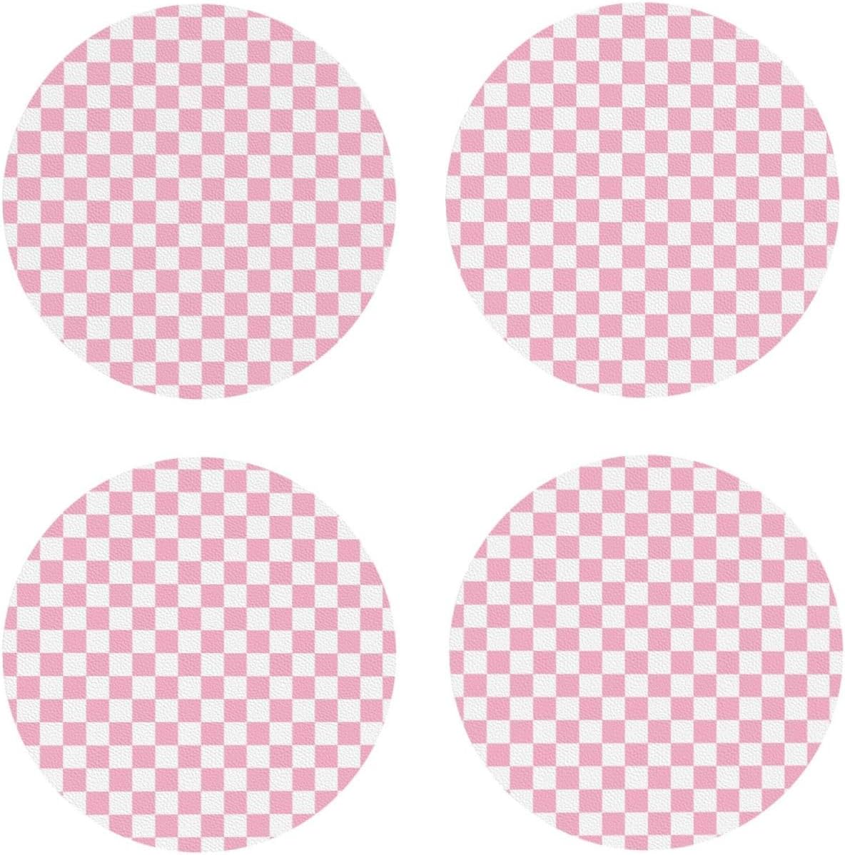 Pink Pastel Checkered Print Coasters Set of 4, Drink Coasters for Tabletop Protection Suitable for Kinds of Cups, Funny Cup Coaster for Living Room Home Decor