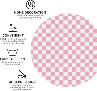 Pink Pastel Checkered Print Coasters Set of 4, Drink Coasters for Tabletop Protection Suitable for Kinds of Cups, Funny Cup Coaster for Living Room Home Decor