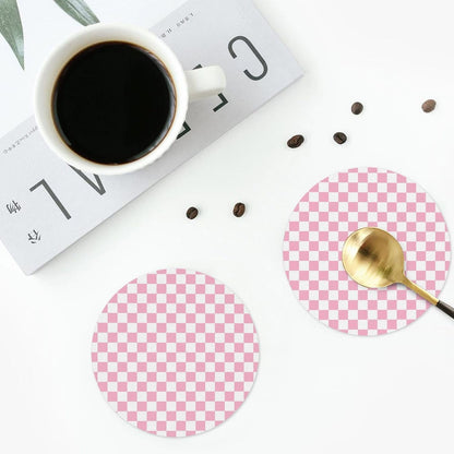 Pink Pastel Checkered Print Coasters Set of 4, Drink Coasters for Tabletop Protection Suitable for Kinds of Cups, Funny Cup Coaster for Living Room Home Decor