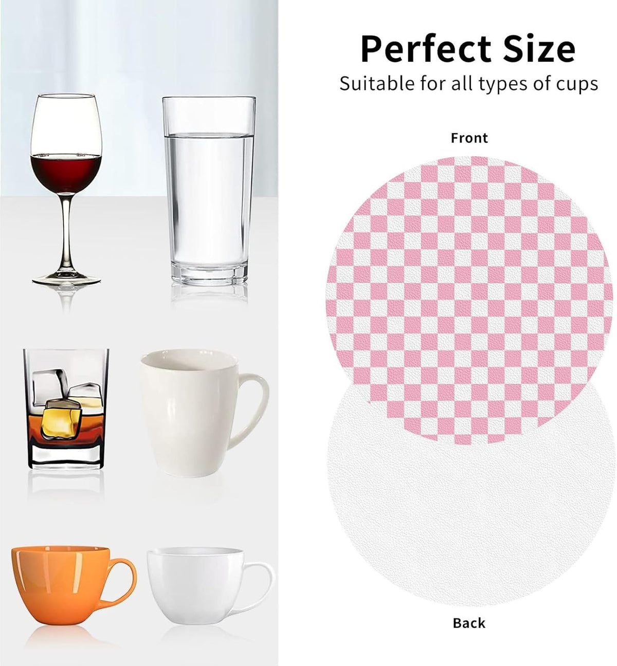 Pink Pastel Checkered Print Coasters Set of 4, Drink Coasters for Tabletop Protection Suitable for Kinds of Cups, Funny Cup Coaster for Living Room Home Decor
