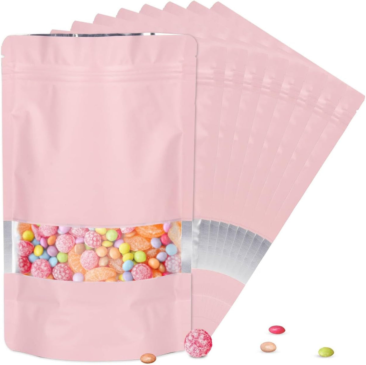 120pcs 4"x6" Mylar Bags for Food Storage,Smell Proof Bag with Matte Window Resealable Food Storage Bags for Small Business, Stand-up Foil Pouch Packaging Freeze Dried Candy Bag(Pink)