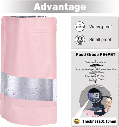 120pcs 4"x6" Mylar Bags for Food Storage,Smell Proof Bag with Matte Window Resealable Food Storage Bags for Small Business, Stand-up Foil Pouch Packaging Freeze Dried Candy Bag(Pink)
