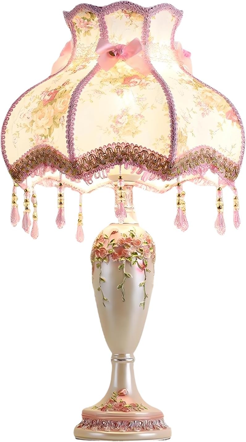 Victorian Beaded Fringe Fancy Table Lamp, Pink Hand-Carved Floral Resin Bedside Lamps Euro-Style Princess Nightstand Desk Lamp for Girl's Room Bedroom Living Room Office