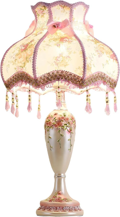 Victorian Beaded Fringe Fancy Table Lamp, Pink Hand-Carved Floral Resin Bedside Lamps Euro-Style Princess Nightstand Desk Lamp for Girl's Room Bedroom Living Room Office