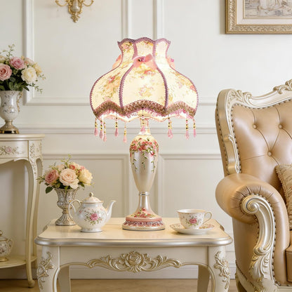 Victorian Beaded Fringe Fancy Table Lamp, Pink Hand-Carved Floral Resin Bedside Lamps Euro-Style Princess Nightstand Desk Lamp for Girl's Room Bedroom Living Room Office