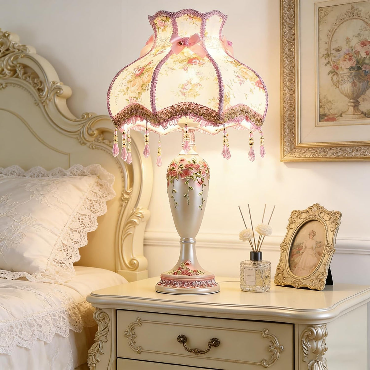 Victorian Beaded Fringe Fancy Table Lamp, Pink Hand-Carved Floral Resin Bedside Lamps Euro-Style Princess Nightstand Desk Lamp for Girl's Room Bedroom Living Room Office