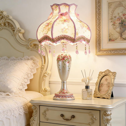 Victorian Beaded Fringe Fancy Table Lamp, Pink Hand-Carved Floral Resin Bedside Lamps Euro-Style Princess Nightstand Desk Lamp for Girl's Room Bedroom Living Room Office