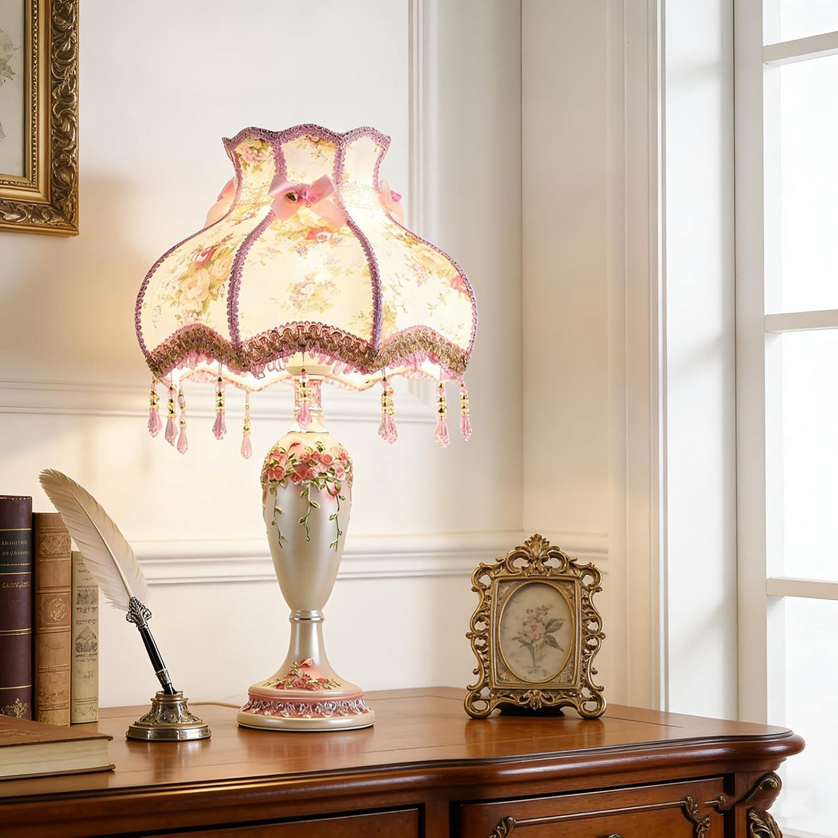 Victorian Beaded Fringe Fancy Table Lamp, Pink Hand-Carved Floral Resin Bedside Lamps Euro-Style Princess Nightstand Desk Lamp for Girl's Room Bedroom Living Room Office