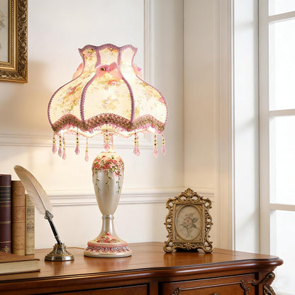 Victorian Beaded Fringe Fancy Table Lamp, Pink Hand-Carved Floral Resin Bedside Lamps Euro-Style Princess Nightstand Desk Lamp for Girl's Room Bedroom Living Room Office