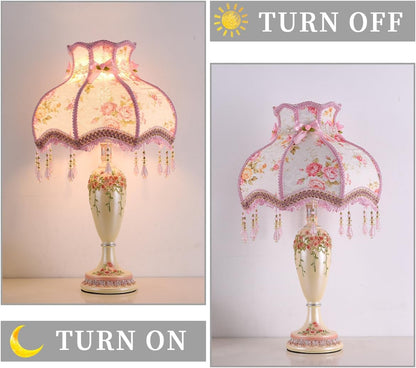 Victorian Beaded Fringe Fancy Table Lamp, Pink Hand-Carved Floral Resin Bedside Lamps Euro-Style Princess Nightstand Desk Lamp for Girl's Room Bedroom Living Room Office