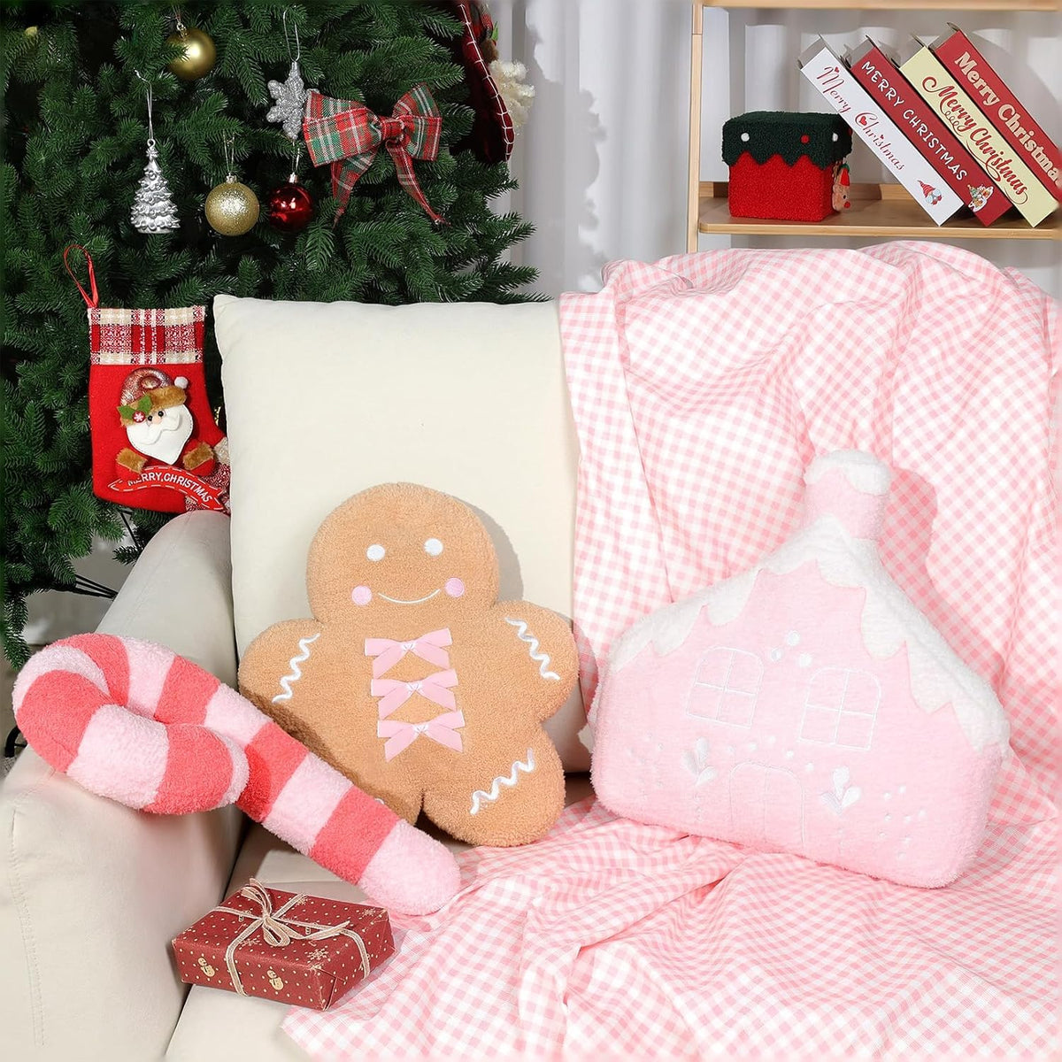 3 Pcs Christmas Pillows Gingerbread Man Pink Candy Cane Gingerbread House Shaped Throw Pillows Decorations Couch Sofa Decor Plush Stuffed for Home Indoor Bedroom Cushion Decor (Pink)