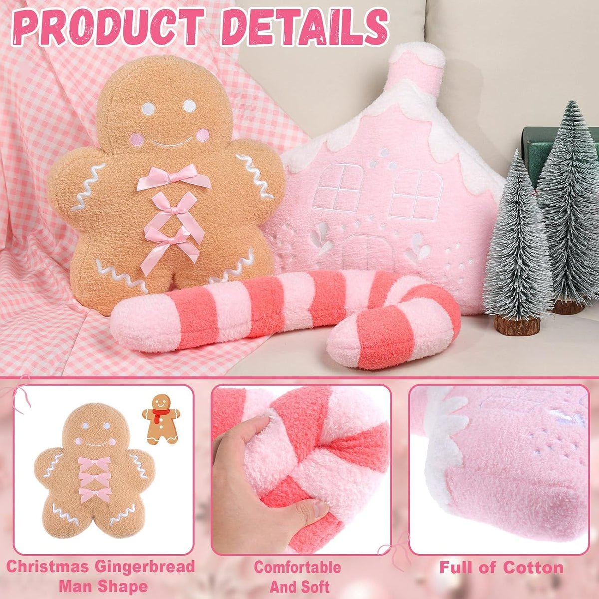 3 Pcs Christmas Pillows Gingerbread Man Pink Candy Cane Gingerbread House Shaped Throw Pillows Decorations Couch Sofa Decor Plush Stuffed for Home Indoor Bedroom Cushion Decor (Pink)
