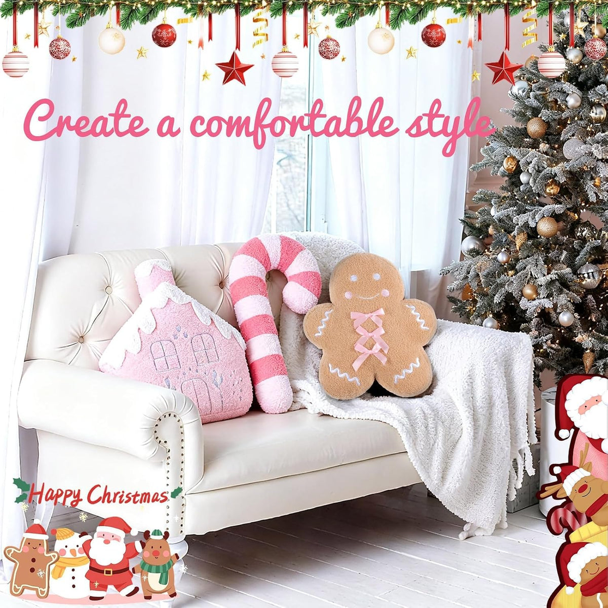 3 Pcs Christmas Pillows Gingerbread Man Pink Candy Cane Gingerbread House Shaped Throw Pillows Decorations Couch Sofa Decor Plush Stuffed for Home Indoor Bedroom Cushion Decor (Pink)