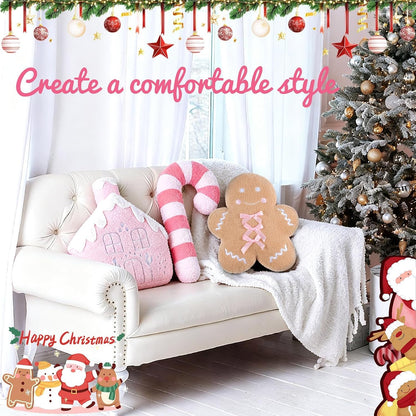 3 Pcs Christmas Pillows Gingerbread Man Pink Candy Cane Gingerbread House Shaped Throw Pillows Decorations Couch Sofa Decor Plush Stuffed for Home Indoor Bedroom Cushion Decor (Pink)