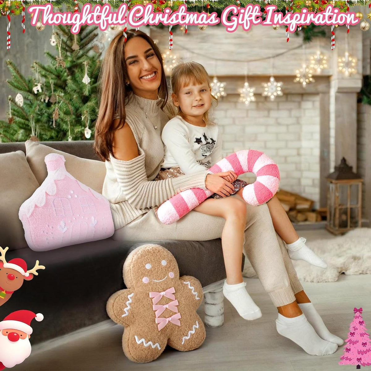 3 Pcs Christmas Pillows Gingerbread Man Pink Candy Cane Gingerbread House Shaped Throw Pillows Decorations Couch Sofa Decor Plush Stuffed for Home Indoor Bedroom Cushion Decor (Pink)