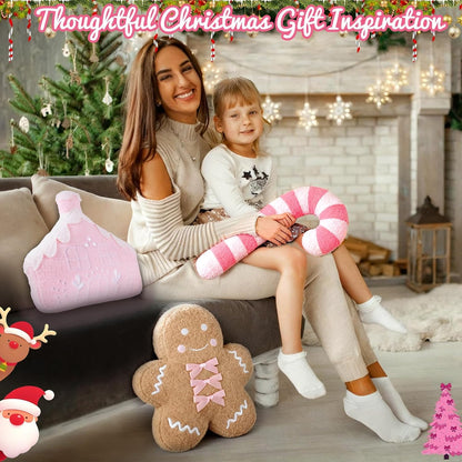 3 Pcs Christmas Pillows Gingerbread Man Pink Candy Cane Gingerbread House Shaped Throw Pillows Decorations Couch Sofa Decor Plush Stuffed for Home Indoor Bedroom Cushion Decor (Pink)