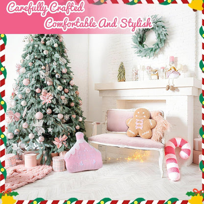 3 Pcs Christmas Pillows Gingerbread Man Pink Candy Cane Gingerbread House Shaped Throw Pillows Decorations Couch Sofa Decor Plush Stuffed for Home Indoor Bedroom Cushion Decor (Pink)