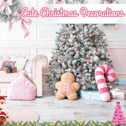 3 Pcs Christmas Pillows Gingerbread Man Pink Candy Cane Gingerbread House Shaped Throw Pillows Decorations Couch Sofa Decor Plush Stuffed for Home Indoor Bedroom Cushion Decor (Pink)