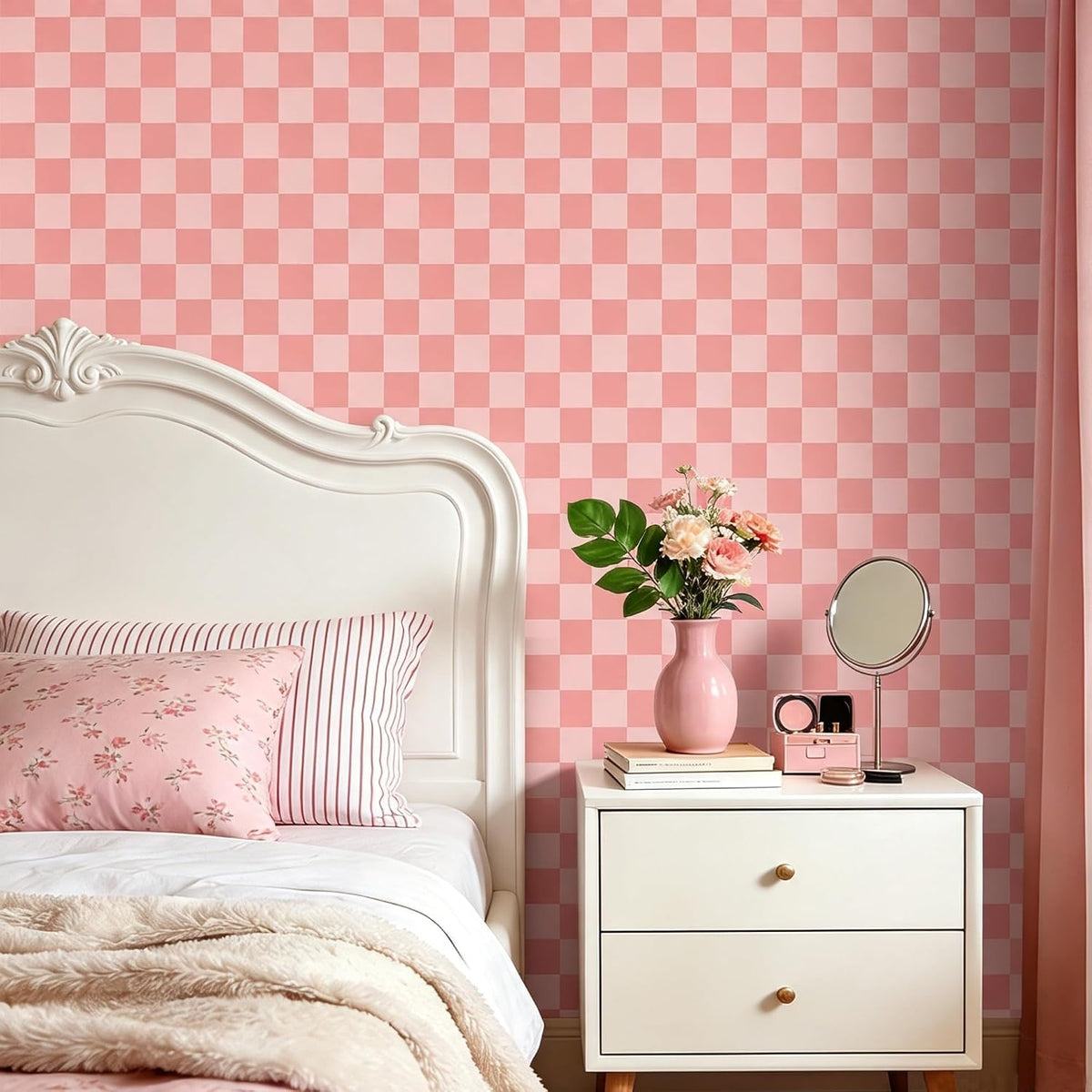 Pink Checkered Wallpaper Peel and Stick Pink Checkered Contact Paper Peel and Stick Gingham Checkerboard Wallpaper Geometric Removable Wall Paper for Bathroom Girls Bedroom Walls 17.5"x79"
