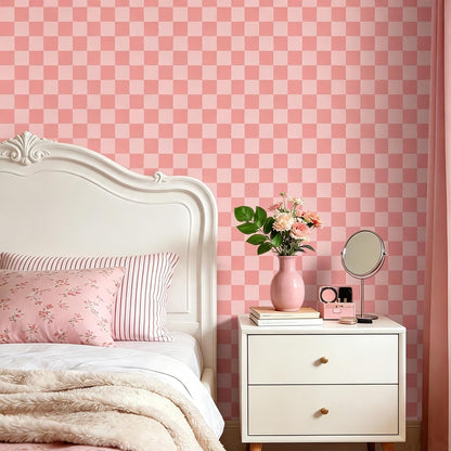Pink Checkered Wallpaper Peel and Stick Pink Checkered Contact Paper Peel and Stick Gingham Checkerboard Wallpaper Geometric Removable Wall Paper for Bathroom Girls Bedroom Walls 17.5"x79"