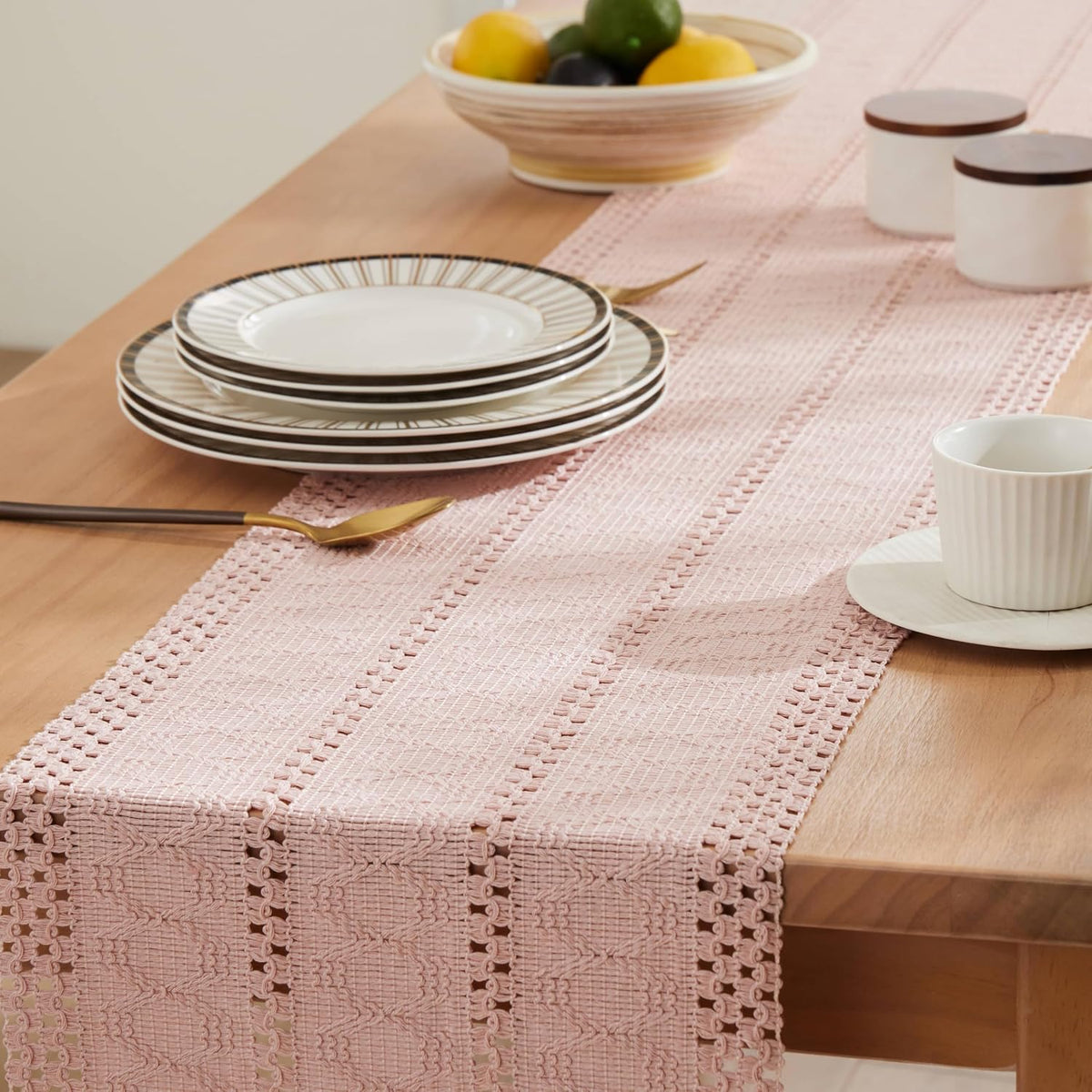 ZeeMart Macrame Style Boho Table Runner, 12x36 Inch Light Pink