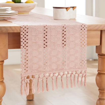 ZeeMart Macrame Style Boho Table Runner, 12x36 Inch Light Pink