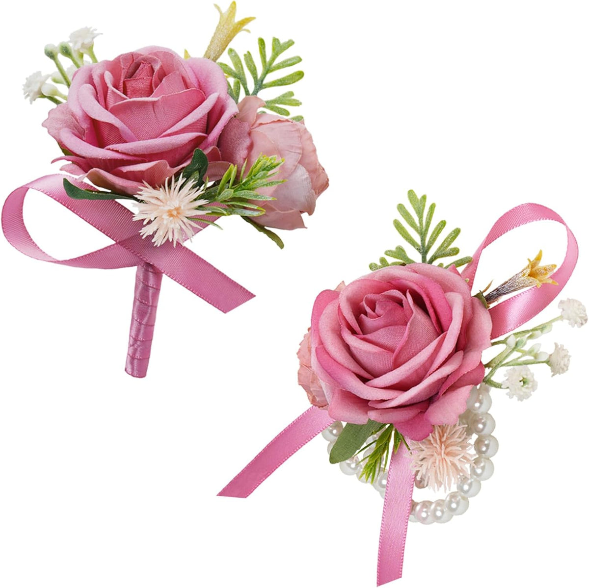 Pink Corsage and Boutonniere Set, Silk Prom Corsage Wristlet Band Bracelet for Homecoming, Wedding, Prom Suit Accessories