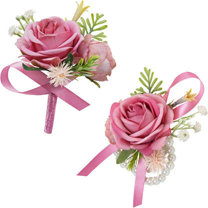 Pink Corsage and Boutonniere Set, Silk Prom Corsage Wristlet Band Bracelet for Homecoming, Wedding, Prom Suit Accessories