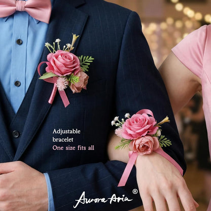 Pink Corsage and Boutonniere Set, Silk Prom Corsage Wristlet Band Bracelet for Homecoming, Wedding, Prom Suit Accessories