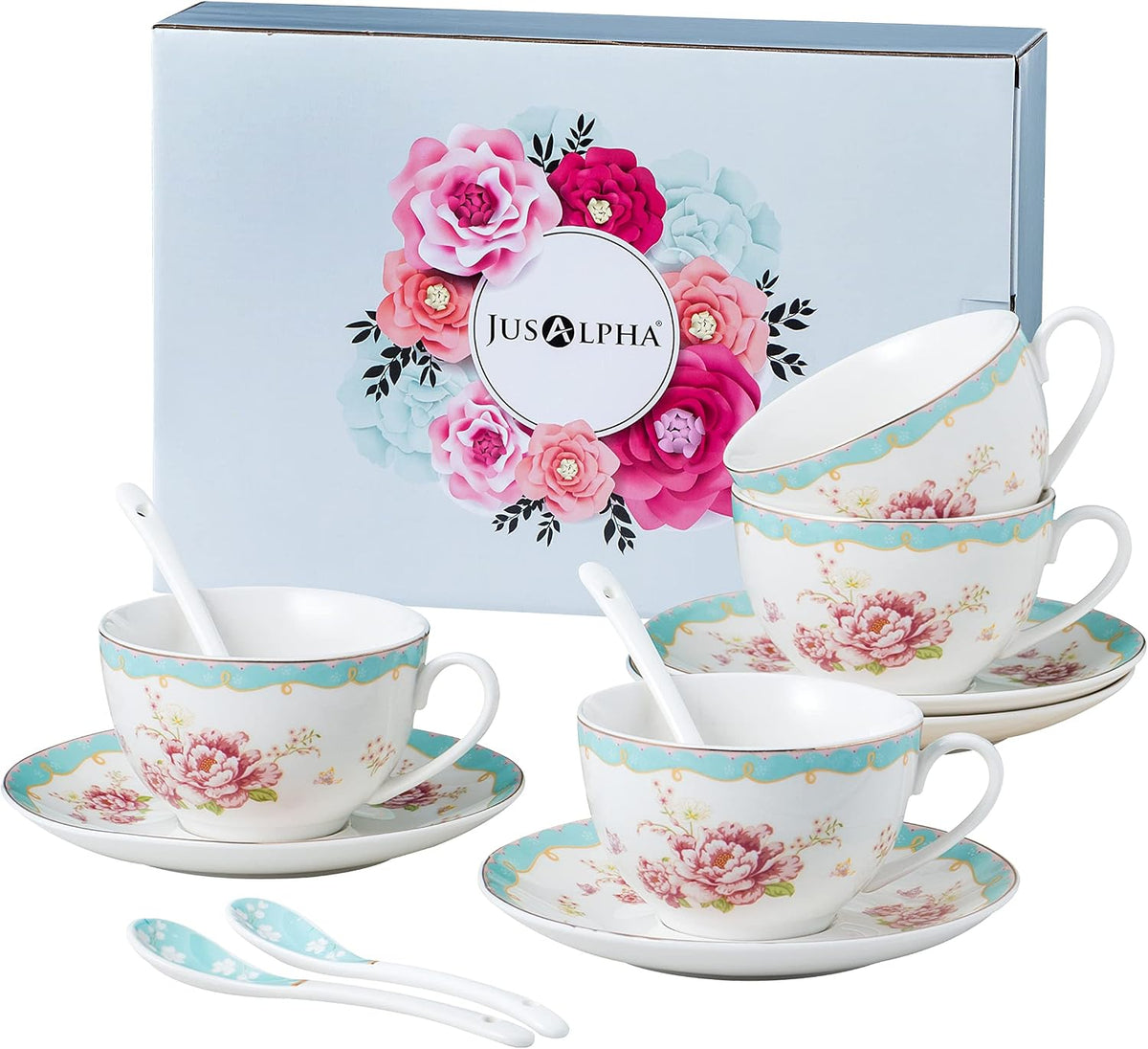Serve of 4 Vintage Rose China Tea Cup/Coffee Cup Spoon and Saucer Set- 7 Oz, Afternoon Tea Set, Gift for Women TCS29(4)