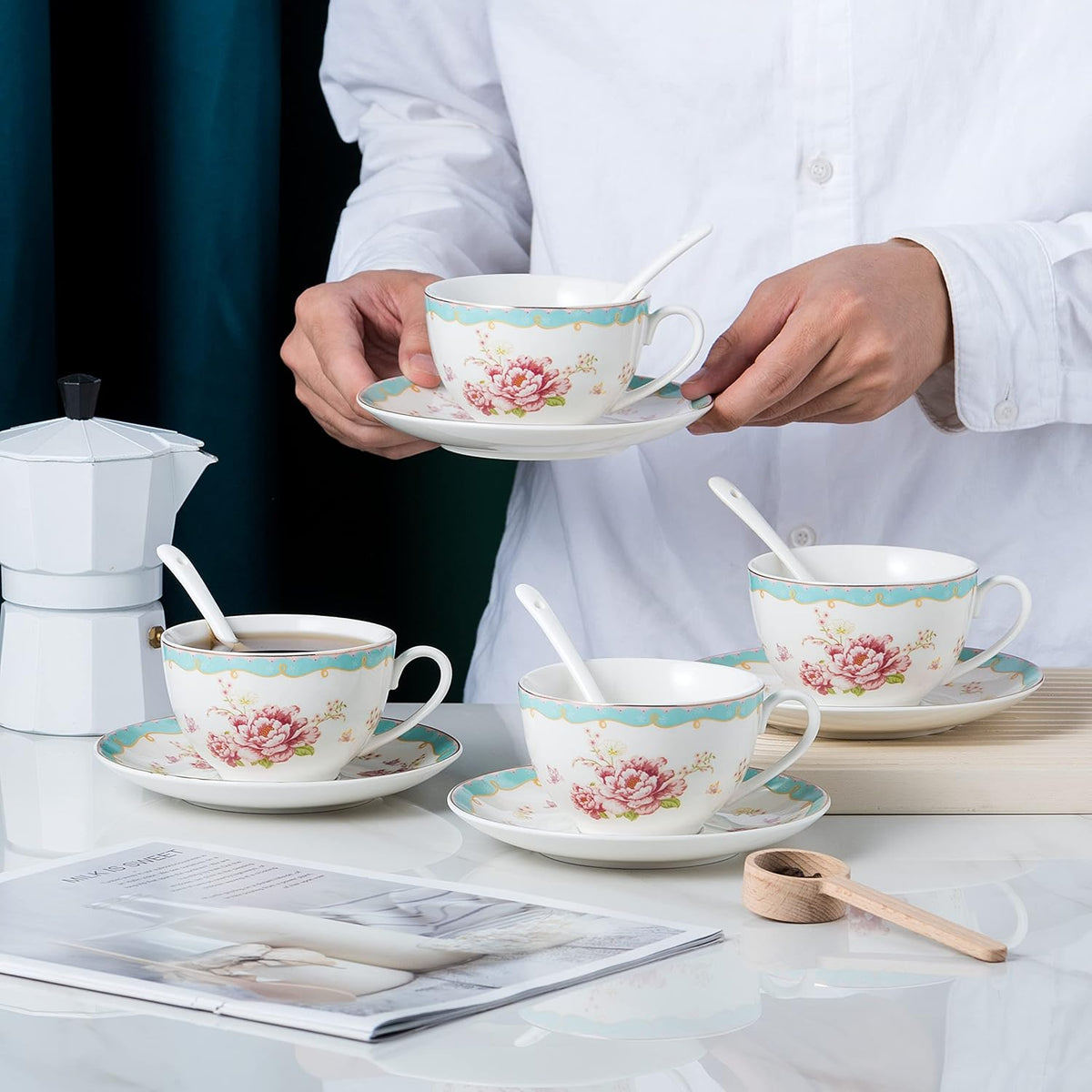 Serve of 4 Vintage Rose China Tea Cup/Coffee Cup Spoon and Saucer Set- 7 Oz, Afternoon Tea Set, Gift for Women TCS29(4)