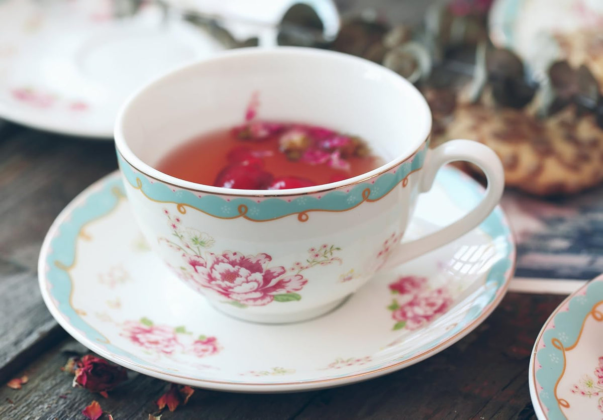 Serve of 4 Vintage Rose China Tea Cup/Coffee Cup Spoon and Saucer Set- 7 Oz, Afternoon Tea Set, Gift for Women TCS29(4)