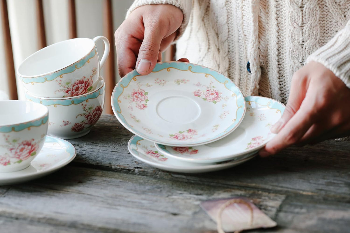 Serve of 4 Vintage Rose China Tea Cup/Coffee Cup Spoon and Saucer Set- 7 Oz, Afternoon Tea Set, Gift for Women TCS29(4)