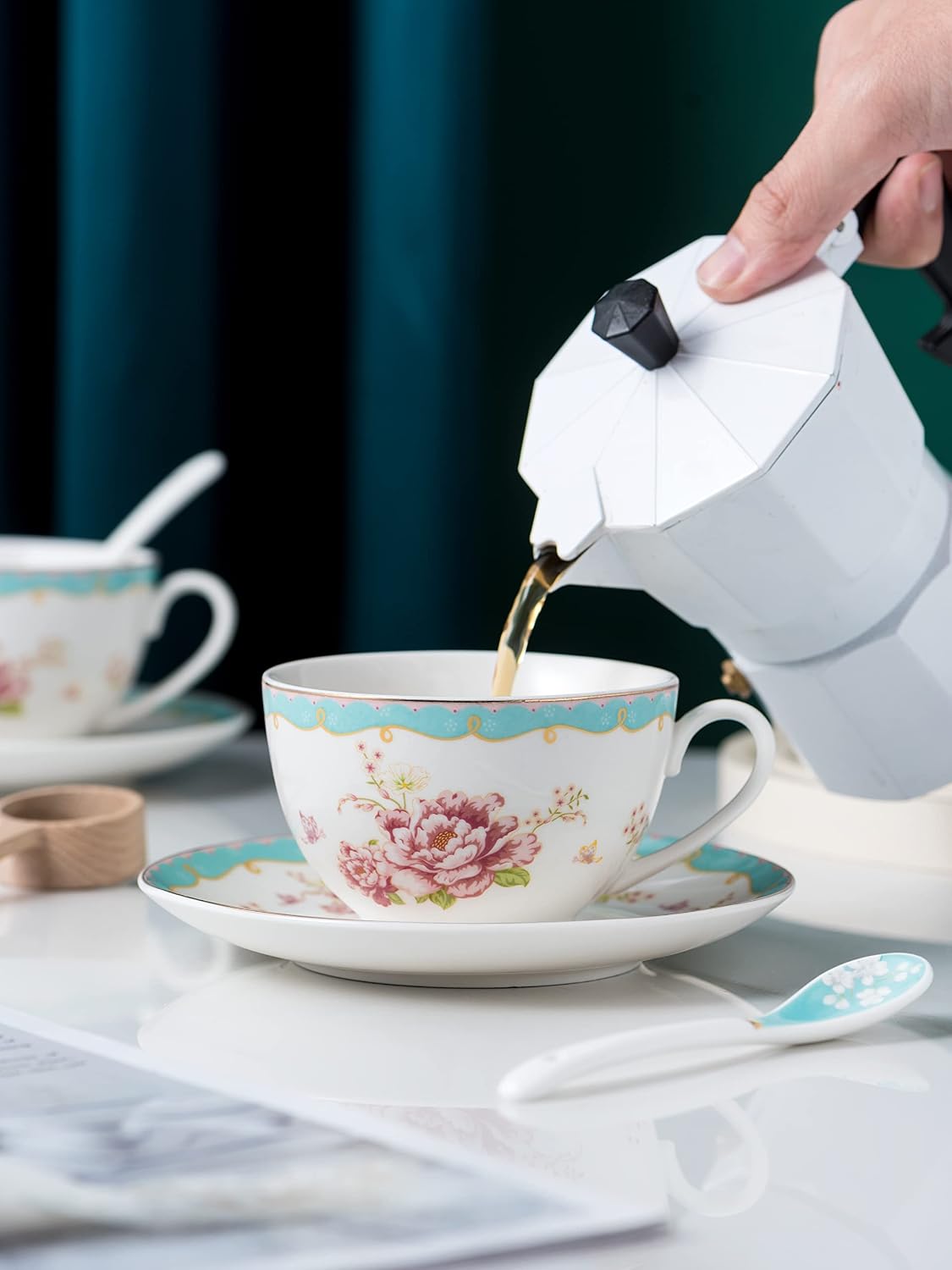 Serve of 4 Vintage Rose China Tea Cup/Coffee Cup Spoon and Saucer Set- 7 Oz, Afternoon Tea Set, Gift for Women TCS29(4)