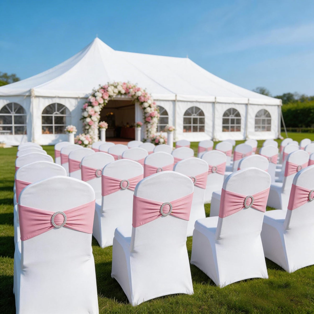 Pink Chair Sashes 50 Pack, Chairs Bands for Wedding Party Banquet Decoration, Spandex Chair Ties Bows with Buckle Slider