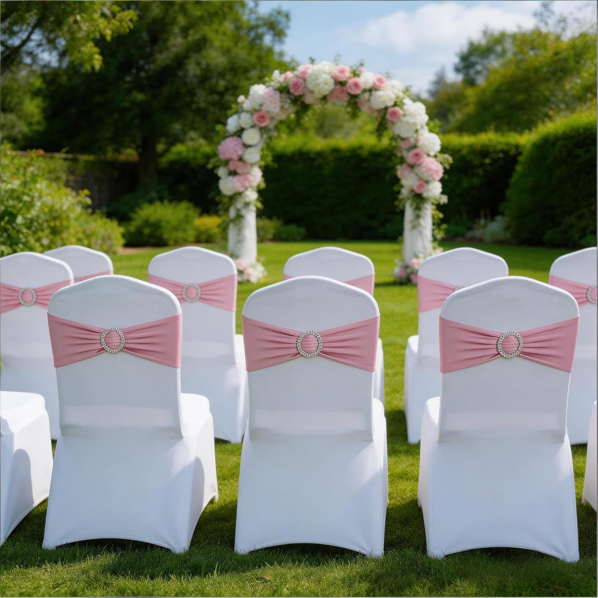 Pink Chair Sashes 50 Pack, Chairs Bands for Wedding Party Banquet Decoration, Spandex Chair Ties Bows with Buckle Slider