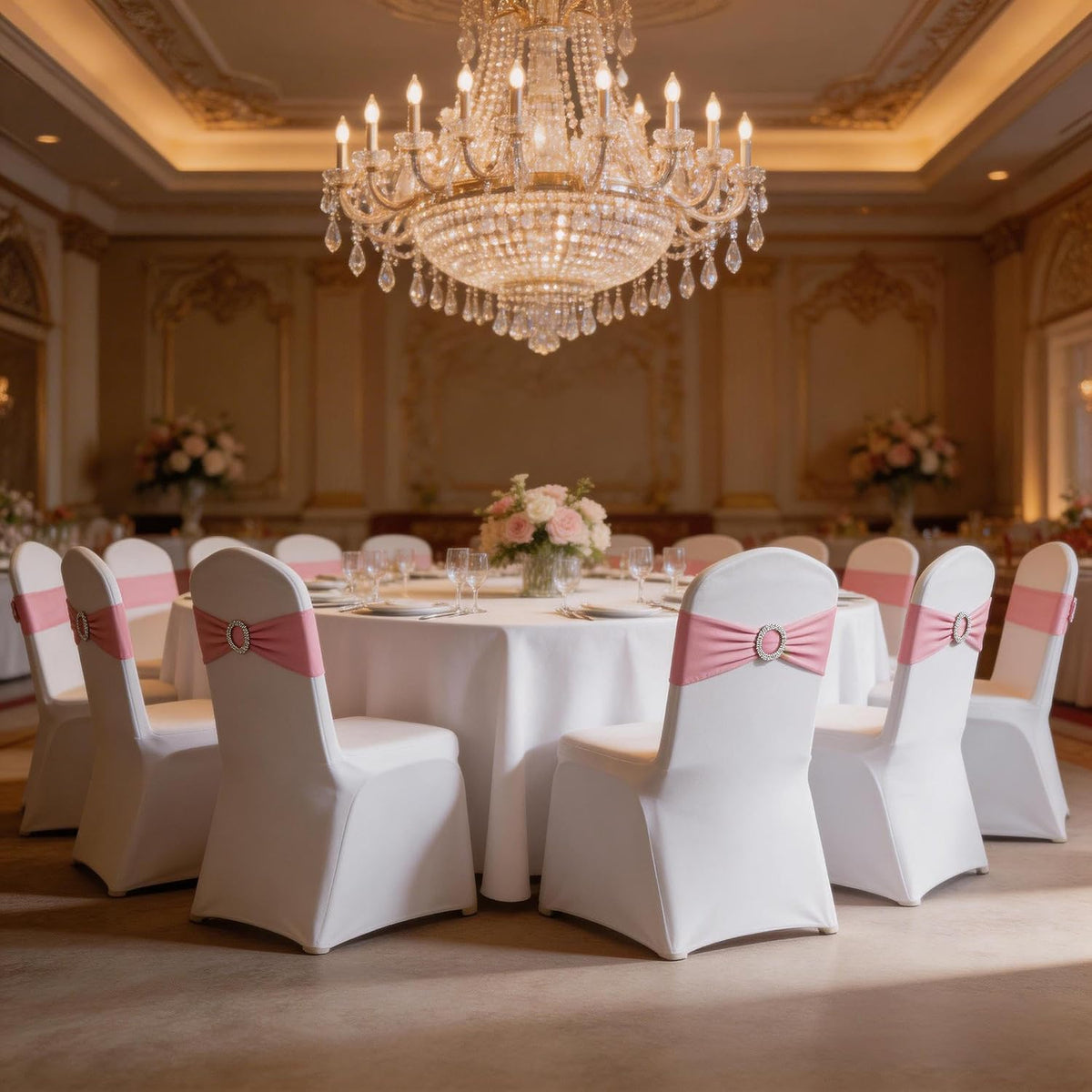Pink Chair Sashes 50 Pack, Chairs Bands for Wedding Party Banquet Decoration, Spandex Chair Ties Bows with Buckle Slider
