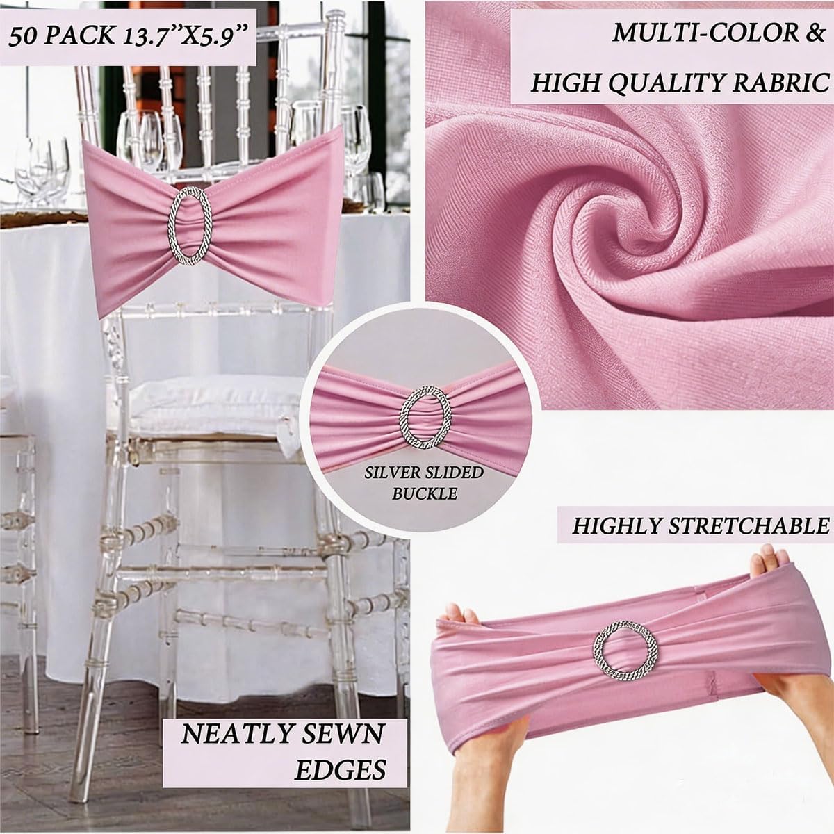 Pink Chair Sashes 50 Pack, Chairs Bands for Wedding Party Banquet Decoration, Spandex Chair Ties Bows with Buckle Slider