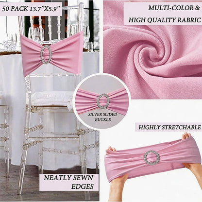 Pink Chair Sashes 50 Pack, Chairs Bands for Wedding Party Banquet Decoration, Spandex Chair Ties Bows with Buckle Slider