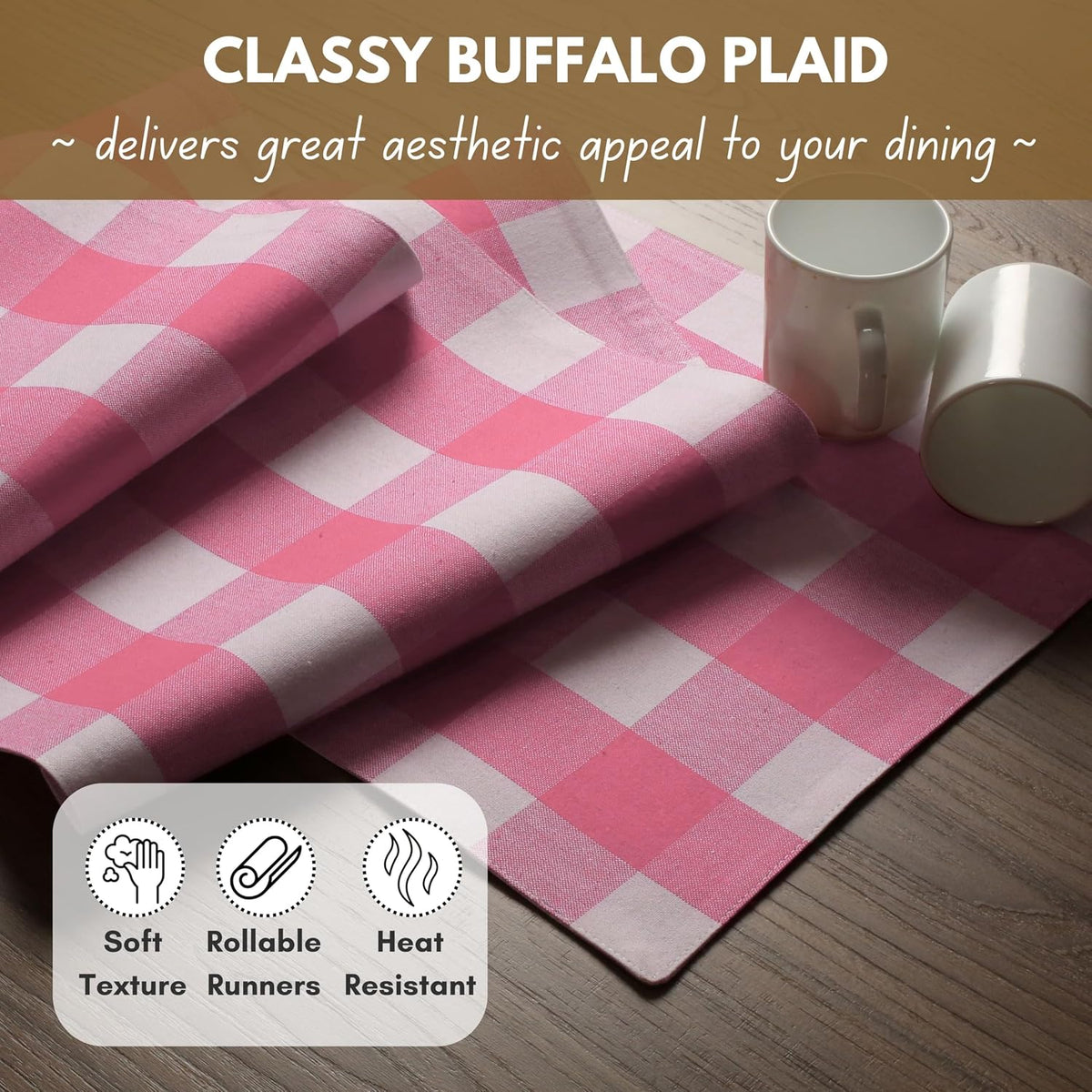 Table Runner Buffalo Check Plaid 100% Cotton - 13x90 Inches Kitchen Dining Table Decoration for Indoor Outdoor Farmhouse Home Party Decor - Pink and White