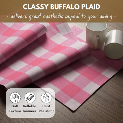 Table Runner Buffalo Check Plaid 100% Cotton - 13x90 Inches Kitchen Dining Table Decoration for Indoor Outdoor Farmhouse Home Party Decor - Pink and White