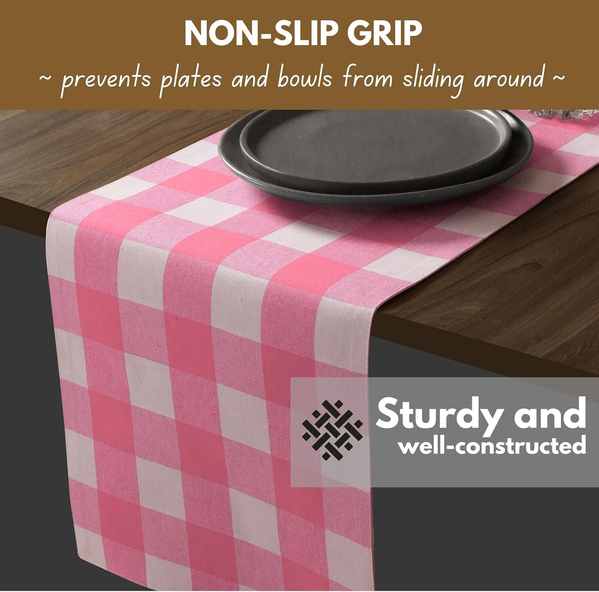 Table Runner Buffalo Check Plaid 100% Cotton - 13x90 Inches Kitchen Dining Table Decoration for Indoor Outdoor Farmhouse Home Party Decor - Pink and White