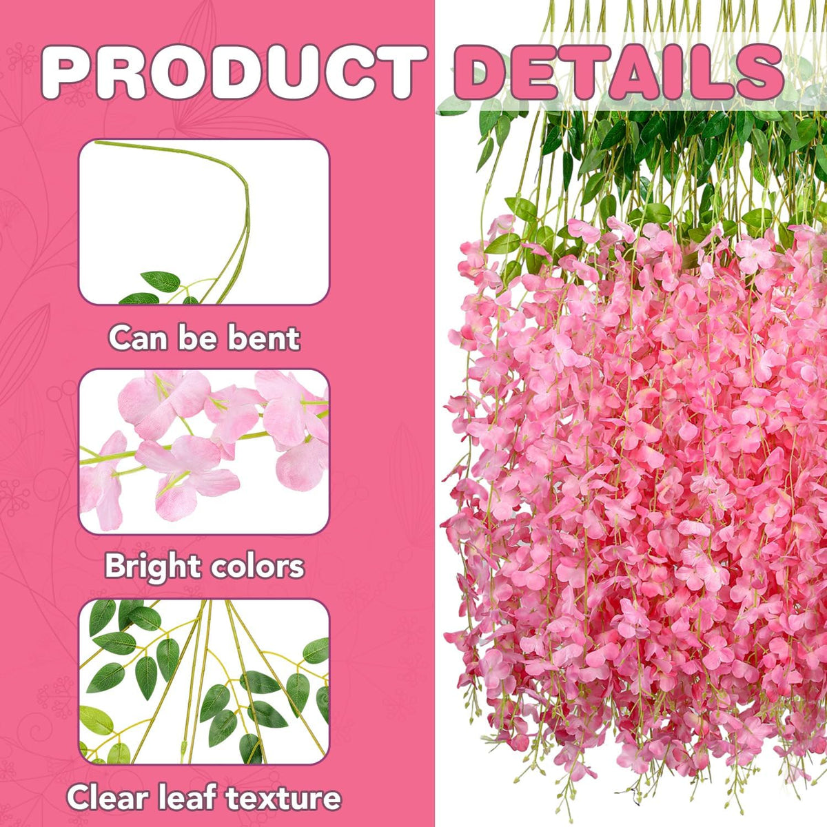 Alotiki Wisteria Hanging Flowers,36 Pack Fake Hanging Flowers Wisteria Artificiales Garland for Home Wedding Arch Floral Party Garden Ceremony Outdoor Decor,3.6 Feet Long(36,Pink)