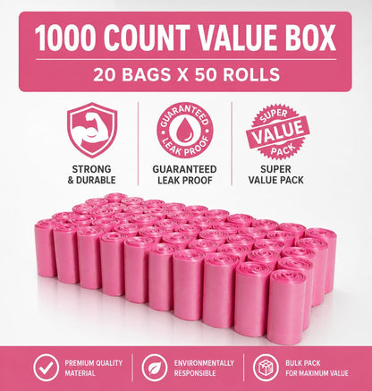1000 Pet Waste Disposal Poop Bags EZ Pick Up Bag Pink Large Puppy Training