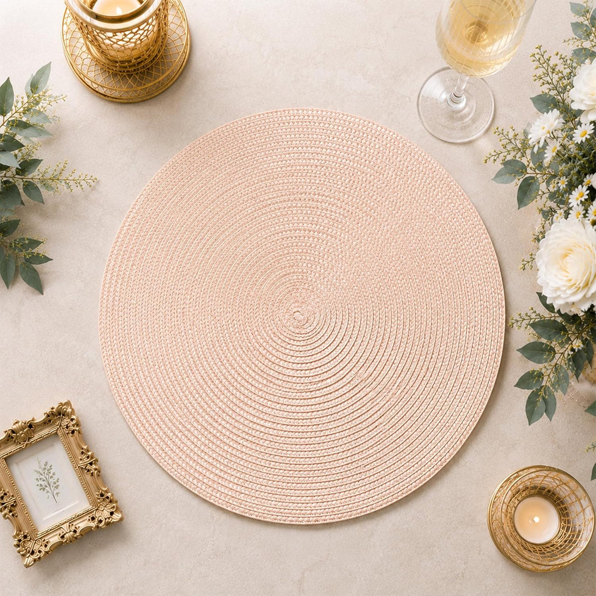 Round Braided Placemats Set of 4 14 Inch Dusty Pink Woven Placemats for Dining Table Washable Non-Slip Table Mats for Kitchen Farmhouse and Indoor Outdoor Dining