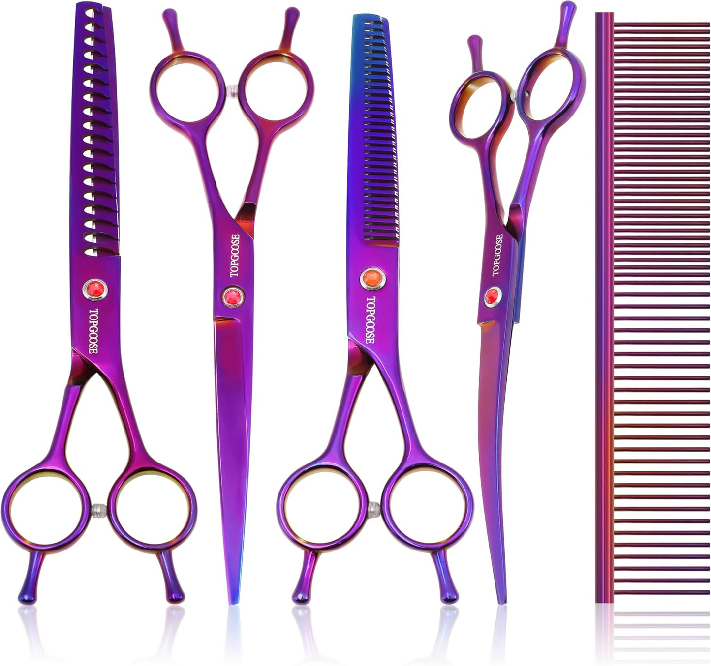 Dog Grooming Scissors Kit, Professional 6 in 1 Pet Scissors Sharp Shears Set - Straight, Thinning, Chunker, Curved Shears and Comb for Long Short Hair for Dog Cat (Set, Purple)