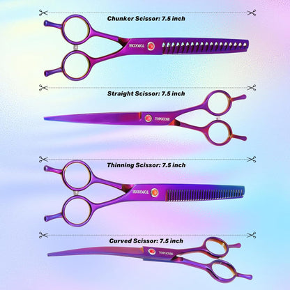 Dog Grooming Scissors Kit, Professional 6 in 1 Pet Scissors Sharp Shears Set - Straight, Thinning, Chunker, Curved Shears and Comb for Long Short Hair for Dog Cat (Set, Purple)