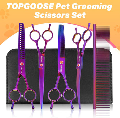 Dog Grooming Scissors Kit, Professional 6 in 1 Pet Scissors Sharp Shears Set - Straight, Thinning, Chunker, Curved Shears and Comb for Long Short Hair for Dog Cat (Set, Purple)