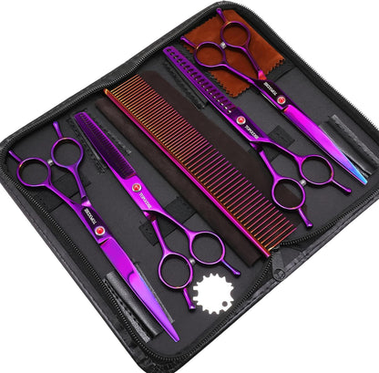 Dog Grooming Scissors Kit, Professional 6 in 1 Pet Scissors Sharp Shears Set - Straight, Thinning, Chunker, Curved Shears and Comb for Long Short Hair for Dog Cat (Set, Purple)
